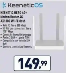 Unieuro KEENETIC HERO 4G+ Modem Router 4G AX1800 Wi-Fi Mesh offerta