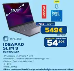 Euronics Lenovo IDEAPAD SLIM 3 83K4001QIX offerta