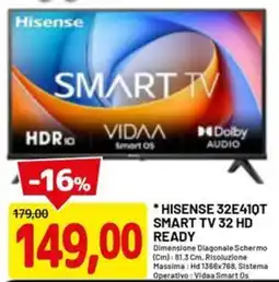 DPiù HISENSE 32E410T SMART TV 32 HD READY offerta