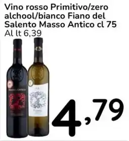 Famila Vino rosso Primitivo/zero alchool/bianco Fiano del Salento Masso Antico offerta