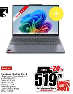 MediaWorld Lenovo Notebook IdeaPad Slim 3 offerta