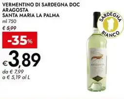 Bennet Vermentino di sardegna doc aragosta santa maria LA PALMA offerta