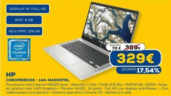 Euronics Chromebook 14a-na0037nl 35,6 cm (14") full hd intel® celeron® 8 gb lpddr4-sdram 128 gb emmc wi-fi 5 (802.11ac) chrome os arge offerta