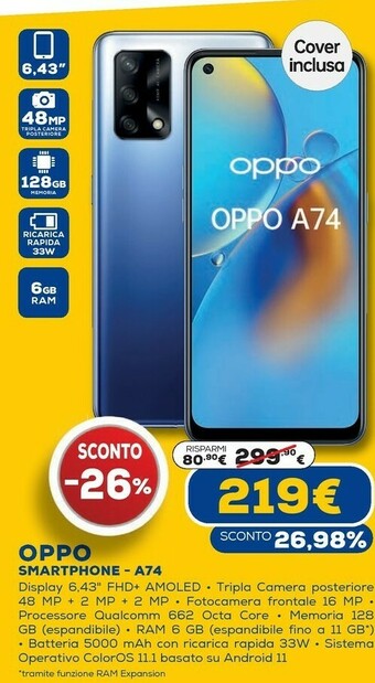 Euronics A74 16,3 cm (6.43") doppia sim coloros 11.1 4g usb tipo-c 6 gb 128 gb 5000 mah blu offerta