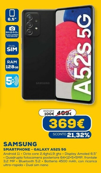 Euronics Galaxy a52s 5g 16,5 cm (6.5") doppia sim android 11 usb tipo-c 6 gb 128 gb 4500 mah nero offerta
