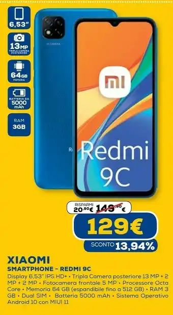 Euronics Redmi 9c 16,6 cm (6.53") doppia sim android 10.0 4g micro-usb 3 gb 64 gb 5000 mah blu offerta