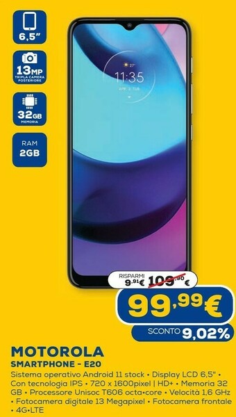 Euronics Moto e20 16,5 cm (6.5") doppia sim android 11 4g usb tipo-c 2 gb 32 gb 4000 mah grigio offerta