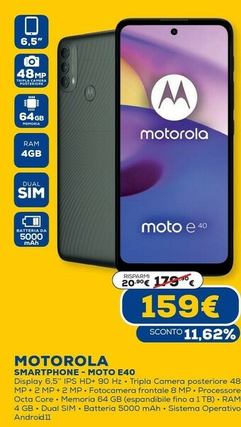 Moto e moto e40 16,5 cm (6.5") dual sim ibrida android 11 4g usb tipo-c 4 gb 64 gb 5000 mah rosa