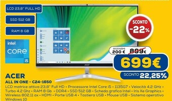 Euronics Aspire c24-1650 60,5 cm (23.8") 1920 x 1080 pixel intel® core™ i5 di undicesima generazione 8 gb ddr4-sdram 512 gb ssd window offerta