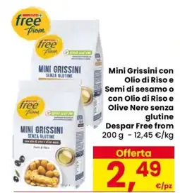 Despar Mini Grissini con Olio di Riso e Semi di sesamo o con Olio di Riso e Olive Nere senza glutine Despar Free from offerta