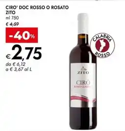 Bennet Ciro' doc rosso o rosato ZITO offerta