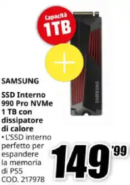 MediaWorld SAMSUNG SSD Interno 990 Pro NVMe 1 TB con dissipatore di calore offerta