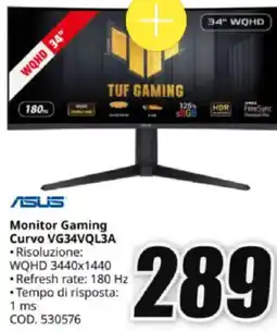 MediaWorld ASUS Monitor Gaming Curvo VG34VQL3A offerta