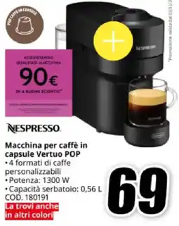 MediaWorld NESPRESSO Macchina per caffè in capsule Vertuo POP offerta