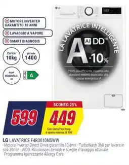 Trony LG LAVATRICE F4R3010NSWW offerta