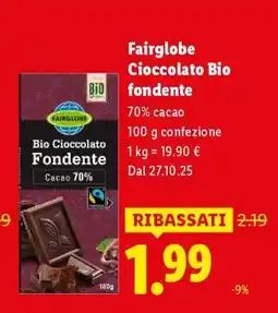 Lidl Fairglobe Cioccolato Bio fondente offerta
