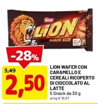 DPiù Lion wafer con caramello e cereali ricoperto di cioccolato al latte offerta