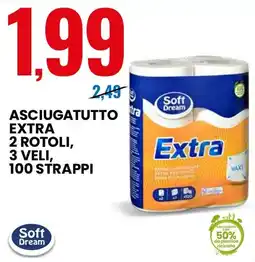 Eurospin Asciugatutto extra 2 rotoli, 3 veli, 100 strappi 100 strappi Soft Dream offerta