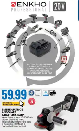 Eurospin Smerigliatrice angolare a batteria 4 AH ENKHO 20V offerta