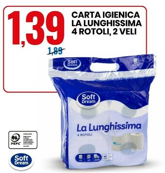 Eurospin Soft dream carta igienica la lunghissima 4 rotoli, 2 veli offerta