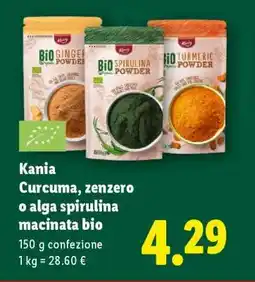 Lidl Kania Curcuma, zenzero o alga spirulina macinata bio offerta
