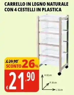 Tigros Carrello in legno naturale con 4 cestelli in plastica offerta