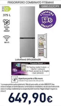 Unieuro LG FRIGORIFERO COMBINATO FIT&MAX GBBS322CPY offerta
