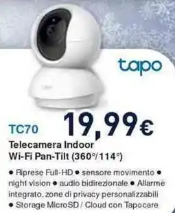 Unieuro tapo TC70 Telecamera Indoor Wi-Fi Pan-Tilt (360°114°) offerta