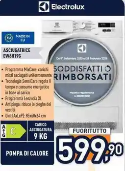 Unieuro Electrolux ASCIUGATRICE EW6H196 offerta