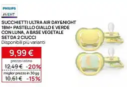 Prenatal PHILIPS succhietti ultra air day&night 18M+ pastello giallo e verde con luna, a base vegetale set da 2 ciucci offerta