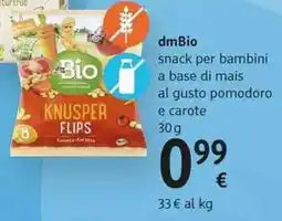 dm drogerie markt dmBio snack per bambini a base di mais al gusto pomodoro e carote offerta