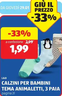 ALDI L&d calzini per bambini tema animaletti, 3 paia offerta
