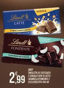 Euroesse Lindt tavoletta di cioccolato 3 cereali/cuor di latte/ caramello/fondente e cocco/biscotto offerta