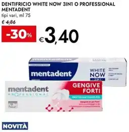 Bennet Dentifricio white now 3in1 o professional MENTADENT offerta