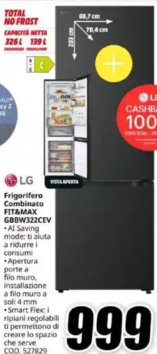 MediaWorld LG Frigorifero Combinato FIT&MAX GBBW322CEV offerta