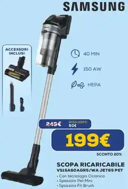 Euronics SAMSUNG SCOPA RICARICABILE VS15A60AGR5/WA JET65 PET offerta