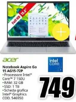 MediaWorld acer Notebook Aspire Go 15 AG15-72P offerta