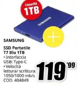 MediaWorld SAMSUNG SSD Portatile T7 Blu 1TB offerta