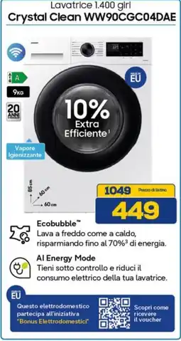 Euronics SAMSUNG Lavatrice 1.400 giri Crystal Clean WW90CGC04DAE offerta