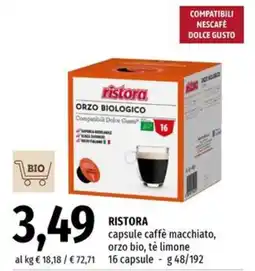 Famila Superstore RISTORA capsule caffè macchiato, orzo bio, tè limone offerta