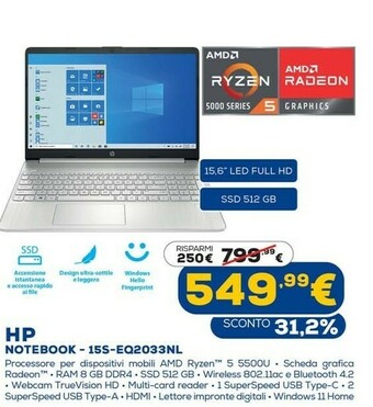 Euronics 15s-eq2033nl computer portatile 39,6 cm (15.6") full hd amd ryzen 5 8 gb ddr4-sdram 512 gb ssd wi-fi 5 (802.11ac) windows 10 offerta