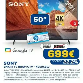 Euronics Bravia kd50x81j - smart tv 50 pollici, 4k ultra hd led, hdr, con google tv (nero, modello 2021) offerta