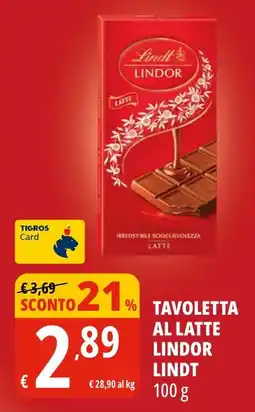 Tigros Tavoletta al latte lindor LINDT offerta