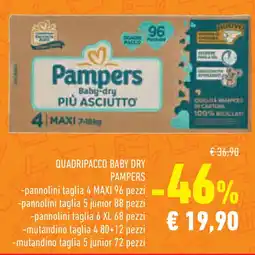 Conad Quadripacco baby dry PAMPERS -pannolini taglia 4 MAXI 96 pezzi pannolini taglia 5 junior 88 pezzi offerta