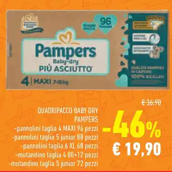 Quadripacco baby dry PAMPERS -pannolini taglia 4 MAXI 96 pezzi pannolini taglia 5 junior 88 pezzi