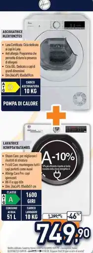 Unieuro Hoover ASCIUGATRICE HLEH10N2TES + H3WPS6106TAMBS offerta