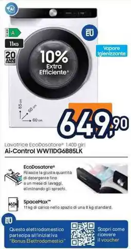 Unieuro SAMSUNG Lavatrice EcoDosatore 1.400 girl Ai-Control WW11DG6B85LK offerta