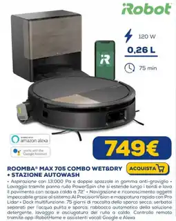 Euronics Robot roomba max 705 combo wet&dry acquista + stazione autowash offerta