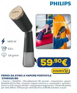 Euronics PHILIPS FERRO DA STIRO A VAPORE PORTATILE STH5030/80 offerta