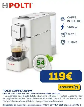 Euronics Polti coffea S15W offerta